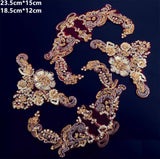 Gold Red Sequin Lace Applique Set, 4pcs Floral Beaded Motif Embroidery Patch