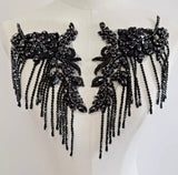 Black Rhinestone Fringe Lace Applique Pair – Beaded Tassel Sewing Trim, Craft Supply