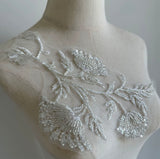 Beaded Floral Lace Applique, Sequin Embroidery Patch, Ivory Bridal Tulle Motif