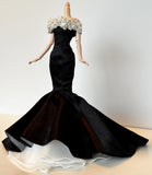 Craftuneed 1:6 Scale Miniature Black Mermaid Evening Doll Gown Handmade Off-Shoulder Dress with Rose Bodice For Fashion Dolls Available in Purple