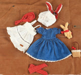 Craftuneed 1:6 Scale Fairy Tale Style Doll Outfit Handmade Blue Puff Sleeve Dress Set with Apron, Hat, Basket & Plushie for Slim BJD Dolls