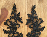 A Pair Black Floral Lace Appliques Embroidered Flower Lace Motifs on Tulle