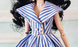 Craftuneed 1:6 Scale White Blue Striped High Low Hem & Ruffle Retro Doll Dress Handmade