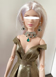 Craftuneed Luxury 1:6 miniature doll necklace earring set Green gem stone dollhouse Faux diamond jewellery Handmade