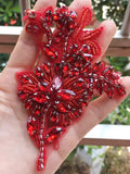 Red Beaded Rhinestone Lace Applique Pair, Bridal Costume Faux Crystal Motif Patch