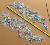 AB Rhinestone Lace Applique Pair Ivory Floral Beaded Bridal Motif Embroidery Patch