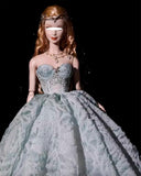Craftuneed 1:6 Scale Luxury Blue Green Miniature Doll Ball Gown Dress with Rhinestone Bodice Petticoat &amp; Necklace for fashion Dolls Handmade