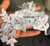 White Beaded Rhinestone Lace Applique Pair, Bridal Wedding Faux Crystal Motif Patch