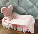 Handmade 1:12 Scale Dollhouse Bed Set with Lace Bedding & Canopy Miniature Pillows