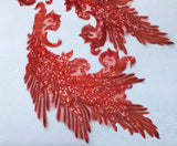 Red Sequin Lace Applique Pair Large Couture Embroidered Motif Patch For Costume DIY