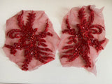 Craftuneed Bundle 6pcs Red luxury embroidered beaded lace applique floral sequins tulle lace motif patch