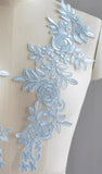 WLight Blue Lace Applique 3 Pairs, Wedding Dress Embroidered Floral Bridal Motif Patch