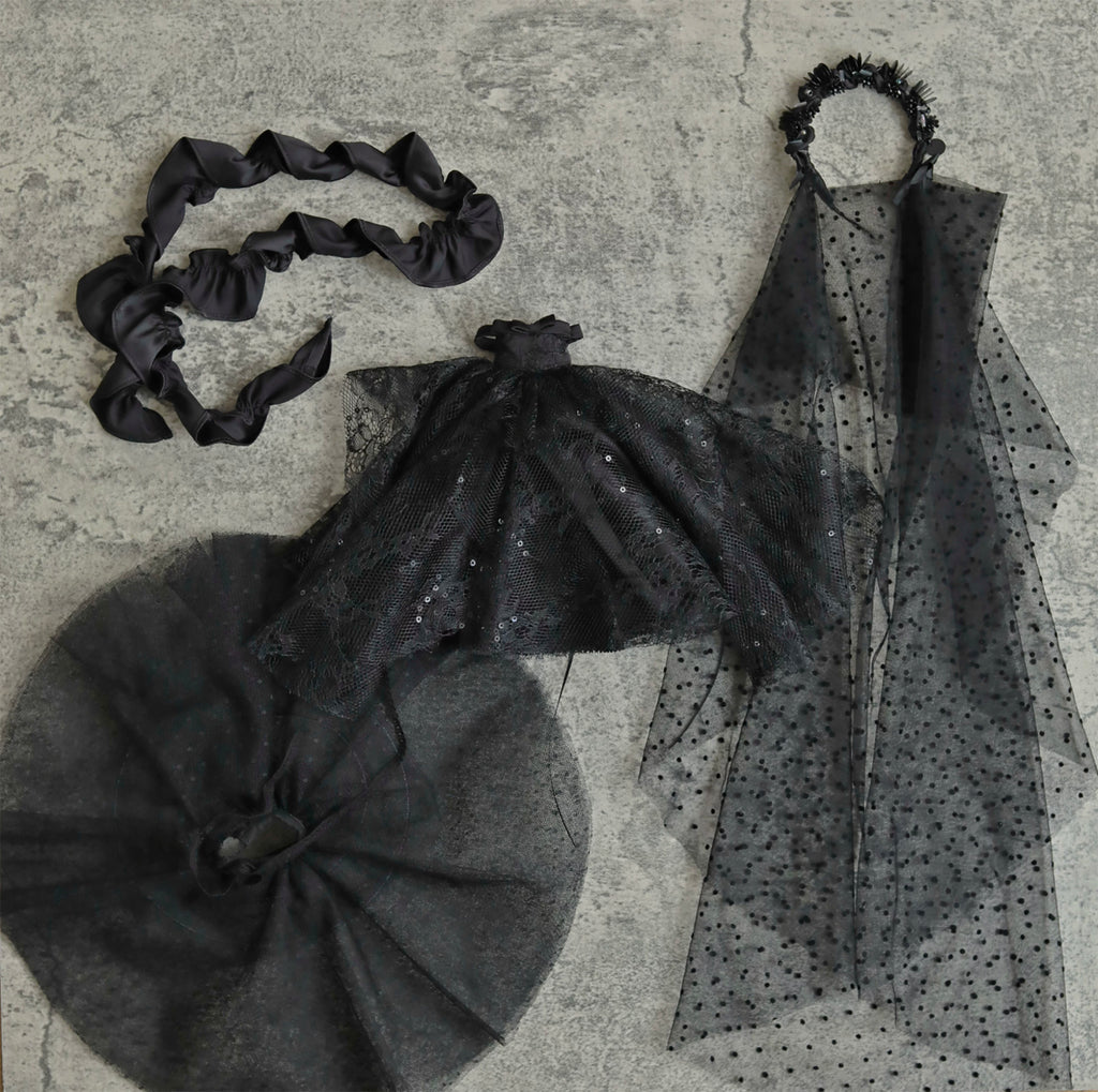 Black Gothic Doll Evening Dress Miniature Victorian Gown with Veil 1/6 1/4 1/3 Scale