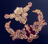 Gold Red Sequin Lace Applique Set, 4pcs Floral Beaded Motif Embroidery Patch
