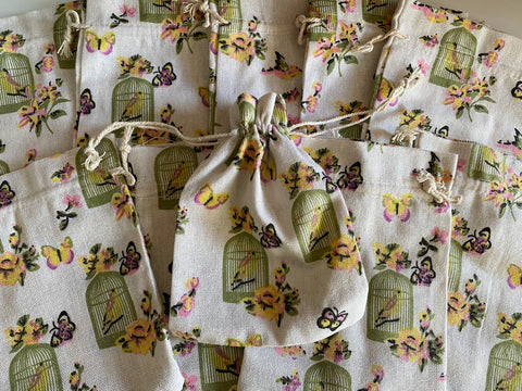 Craftuneed Bundle 10pcs Birdcage Butterfly Print Drawstring Gift Bags Natural Linen Pouch Bag