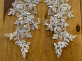 A Pair White Beaded Floral Lace Appliques Bridal Embroidered Sequin Lace Motif Patches