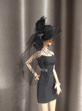 Handmade 1:6 Scale Doll Black Dress Outfit Set with Miniature Hat, Necklace & Bracelet