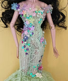 Handmade 1:6 Scale Doll Floral Lace Dress Beaded Mermaid Tulle Gown with Hair Accessory