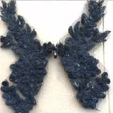 Black Beaded Lace Applique Pair, Rhinestones Costume Dress Bodice Motif Patch