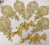 Craftuneed Bundle 8pcs Gold cord sequins floral lace applique embroidered tulle lace motif patch