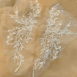 Ivory Beaded Sequin Lace Applique Pair Bridal Floral Embroidered Tulle Motif Patch