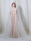 Handmade Doll Cloak with Hood Sheer White Mesh Cape (1/6, 1/4, 1/3 Scale)