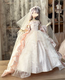 Handmade Doll Wedding Dress Miniature Bridal Princess Gown with Veil 1/6 1/4 1/3 Scale