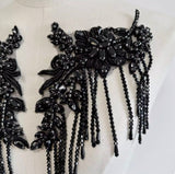 Black Rhinestone Fringe Lace Applique Pair – Beaded Tassel Sewing Trim, Craft Supply