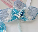 Blue Beaded Floral Lace Applique Bridal Sequin Faux Pearl Flower Motif Patch