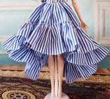 Craftuneed 1:6 Scale White Blue Striped High Low Hem & Ruffle Retro Doll Dress Handmade