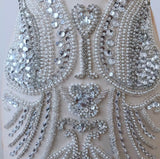 Luxury Beaded Bridal Lace Applique Faux Pearl Rhinestone Bodice Motif Patch Embellishment