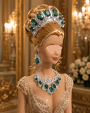 1:6 Scale Doll Necklace Earrings Crown Set Miniature Green Rhinestone Jewellery