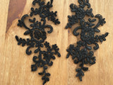 A Pair Black Floral Lace Appliques Embroidered Flower Lace Motifs on Tulle