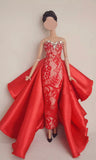 Handmade 1:6 Scale Doll Dress Miniature Red Lace Evening Gown with Rhinestones Details