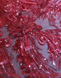 Craftuneed 1 Yard Luxury 3D Floral Butterfly Sequin Red Embroidered Lace Fabric Tulle for Dressmaking &amp; DIY Projects