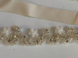 Handmade Rhinestone & Faux Pearl Motif Bridal Bracelet or DIY Applique Ivory Beaded Embellishment on Ribbon Craftuneed
