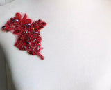 Red Beaded Rhinestone Lace Applique Pair, Bridal Costume Faux Crystal Motif Patch