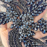 Dark Navy Blue Beaded Lace Applique Pair Floral Rhinestone Embroidery Motif Patch
