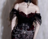 Craftuneed 1:6 Scale Doll Black Lace Mermaid Evening Gown Gothic Style Black Dress with Red Floral Accents For Fashion Dolls Handmade