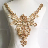 Champagne Beaded Lace Neckline Applique Rhinestone Embroidery Collar Motif Patch