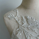 Beaded Floral Lace Applique, Sequin Embroidery Patch, Ivory Bridal Tulle Motif