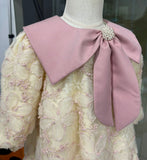 Handmade Baby Girl Lace Dress, Toddler Floral Pink Collar Outfit Children Wear Luxury