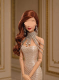 1:6 Scale Doll Shoulder Chain Necklace and Earrings Set Miniature Rhinestone Jewellery