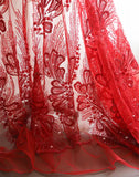 Craftuneed 1 Yard Luxury 3D Floral Butterfly Sequin Red Embroidered Lace Fabric Tulle for Dressmaking &amp; DIY Projects