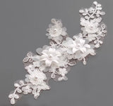 2 Pairs Ivory Floral Beaded Lace Applique 3D Flower Embroidered Rhinestones Motif Patch