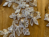 A Pair White Beaded Floral Lace Appliques Bridal Embroidered Sequin Lace Motif Patches