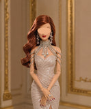 1:6 Scale Doll Shoulder Chain Necklace and Earrings Set Miniature Rhinestone Jewellery