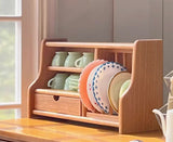 Craftuneed 1:6 Scale Dollhouse Brown Wooden Kitchen Dish Rack Miniature Plate Organiser with Drawer & Cups Shelves Storage Furniture