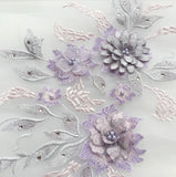 3D Floral Beaded Lace Applique Pair Embroidered Bridal Couture Tulle Motif Patch