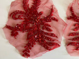 Craftuneed Bundle 6pcs Red luxury embroidered beaded lace applique floral sequins tulle lace motif patch